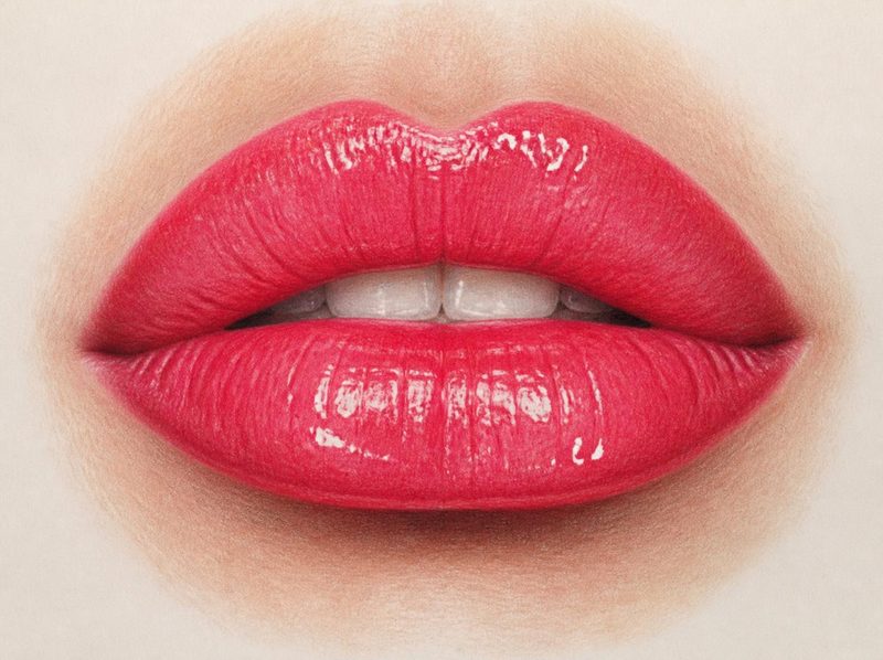 Lèvres rouge framboise, légèrement enflées et brillantes de vaseline, le jour du Lipblush