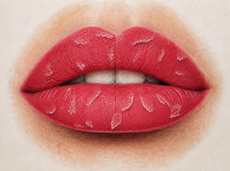 Lèvres avec de fines peaux qui pèlent, quatre à six jours après le Lipblush