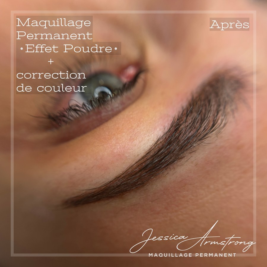 Après maquillage permanent des sourcils, effet poudré et correction de couleur