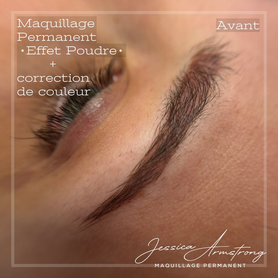 Avant maquillage permanent des sourcils, effet poudré et correction de couleur